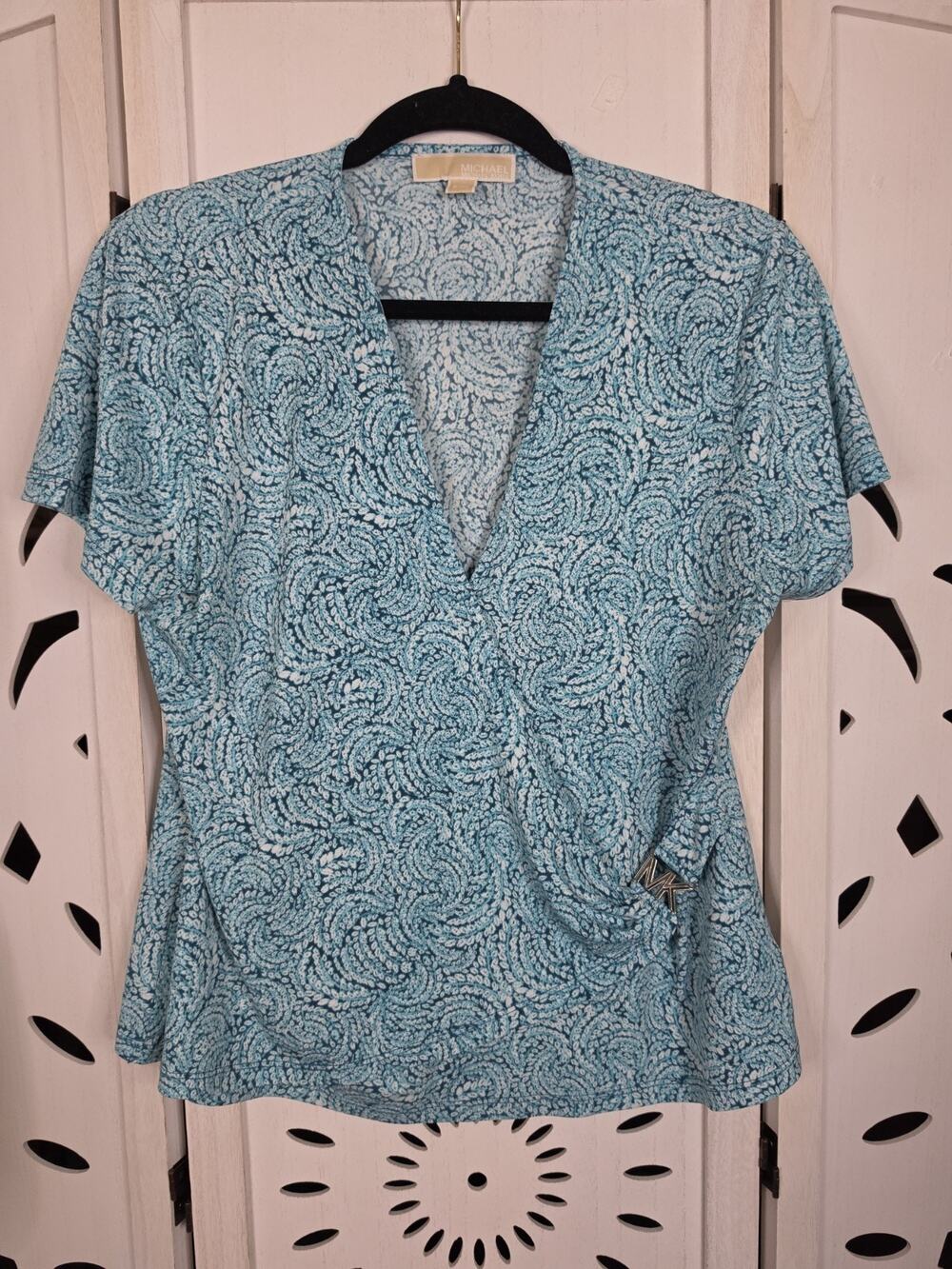 Women's Michael Kors Wrap Blouse Blue Pattern MK Emblem Size Petite XL